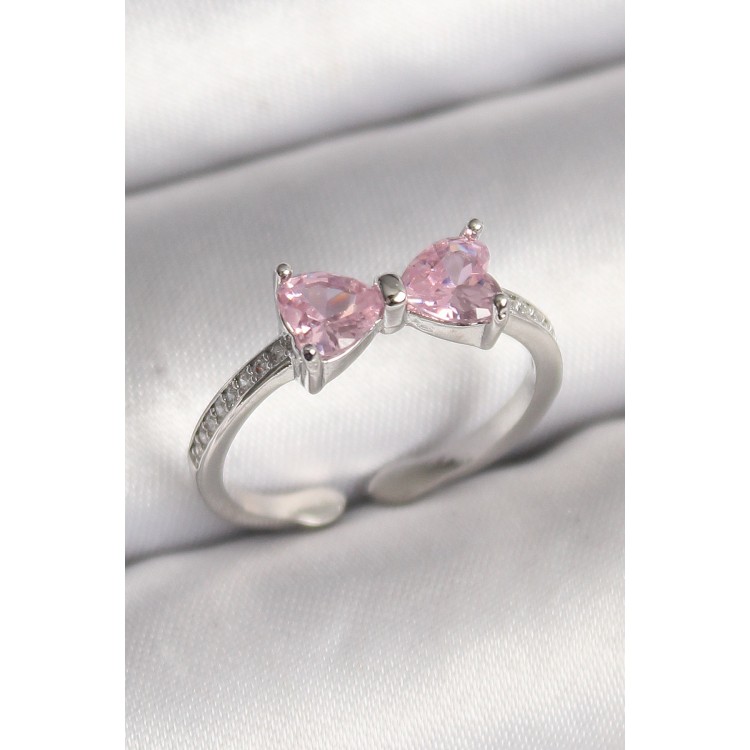 Pirinç Gümüş Renk Pembe Zirkon Taşlı Kalp Fiyonk Model Kadın Yüzük - TJ-BYK3643