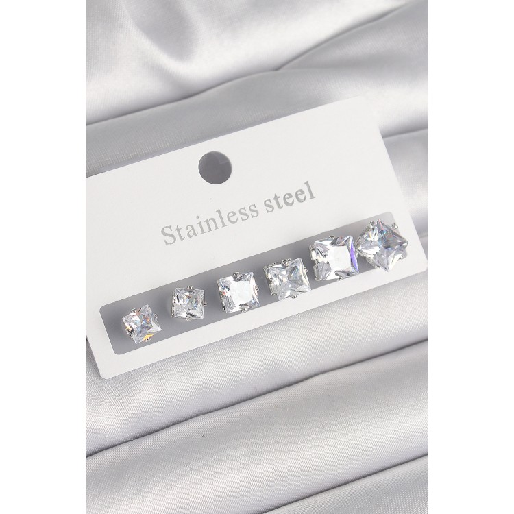316L Stainless Steel Silver-Colored Square Zircon Stone Women's Earring Set - TJ-BKP10303