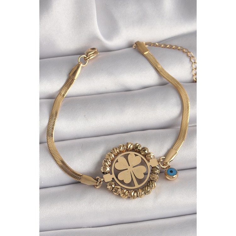 316L Çelik Gold Renk İtalyan Zincir Model Dorika Yonca Figür Nazar Boncuk Detay Kadın Bileklik - TJ-BB6785