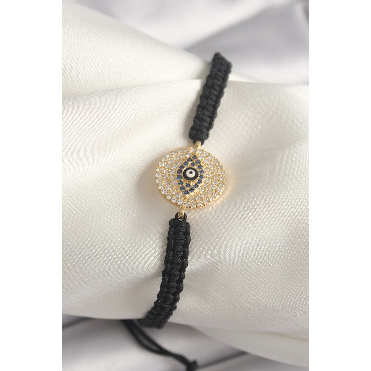 Pirinç Gold Renk Zirkon Taşlı Göz İşlemeli Figür Asansörlü Makrome Model Kadın Bileklik - TJ-BB6792