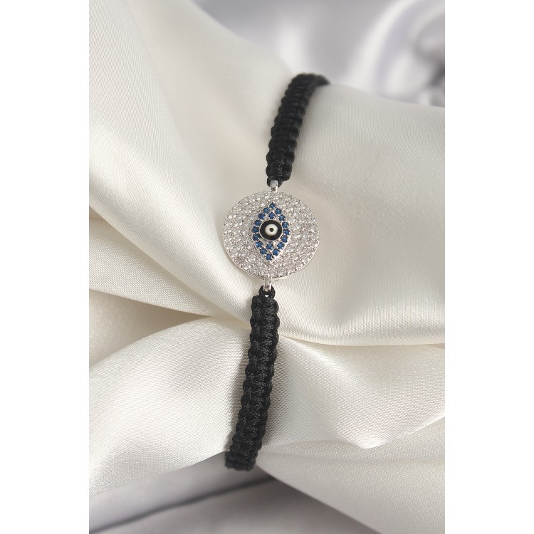 Pirinç Gümüş Renk Zirkon Taşlı Göz İşlemeli Figür Asansörlü Makrome Model Kadın Bileklik - TJ-BB6793