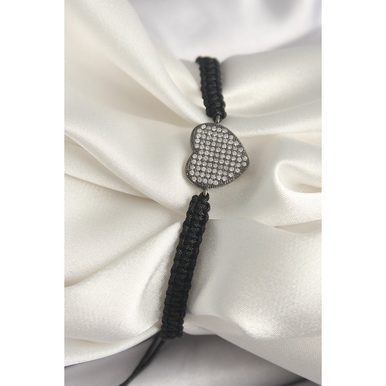 Pirinç Füme Renk Zirkon Taşlı Kalp Figür Asansörlü Makrome Model Kadın Bileklik - TJ-BB6794