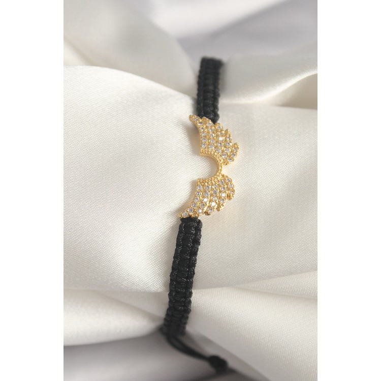 Pirinç Gold Renk Zirkon Taşlı Kanat Figür Asansörlü Makrome Model Kadın Bileklik - TJ-BB6803