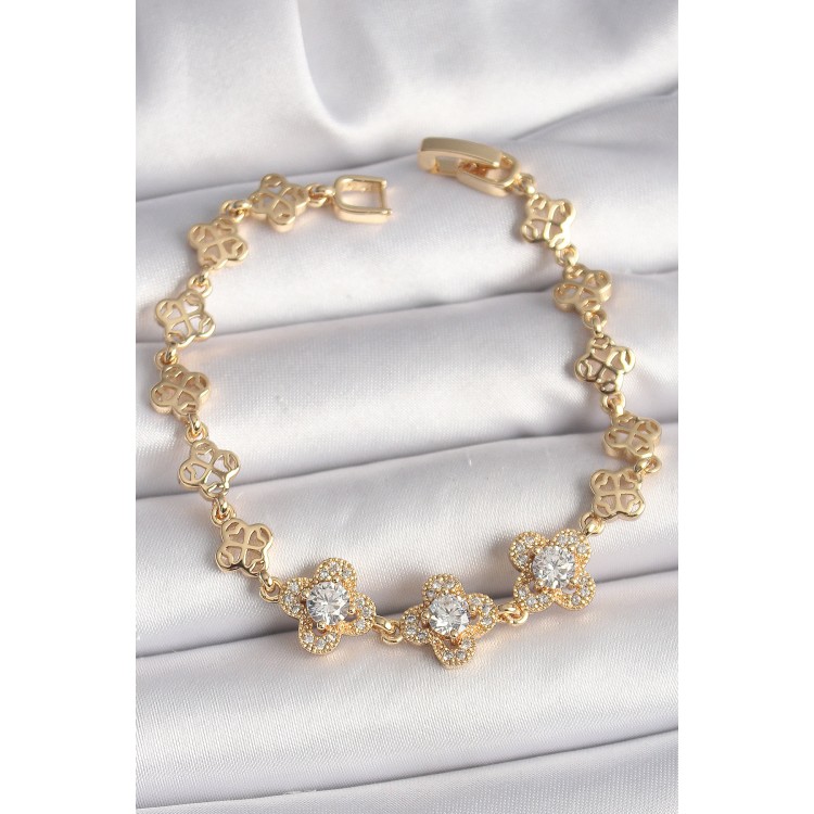 Pirinç Gold Renk Zirkon Taşlı Yonca Model Kadın Bileklik - TJ-BB6812