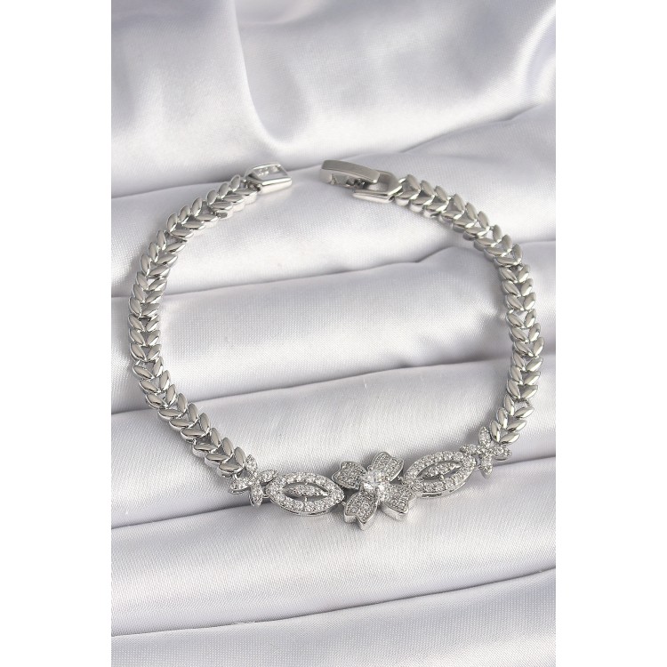 Pirinç Gümüş Renk Zirkon Taşlı Çiçek Figür Arpa Zincir Model Kadın Bileklik - TJ-BB6817