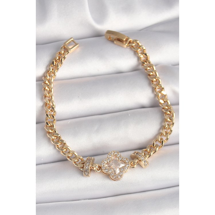 Pirinç Gold Renk Zirkon Taşlı Yonca Figür Zincir Model Kadın Bileklik - TJ-BB6818