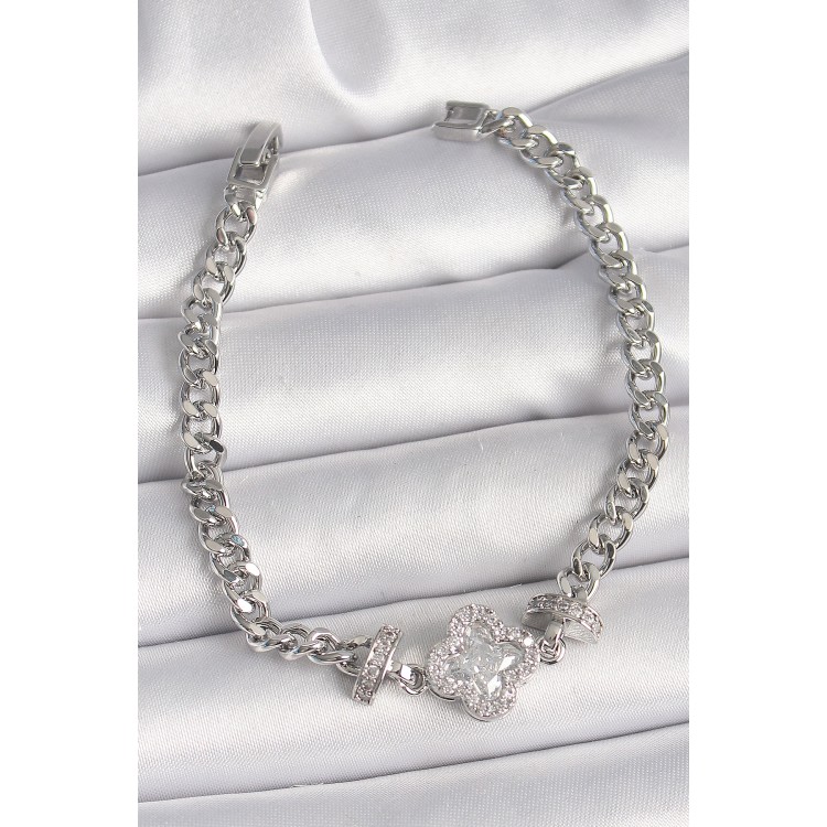 Pirinç Gümüş Renk Zirkon Taşlı Yonca Figür Zincir Model Kadın Bileklik - TJ-BB6819