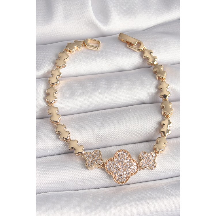 Pirinç Gold Renk Zirkon Taşlı Yonca Model Zincir Kadın Bileklik - TJ-BB6822