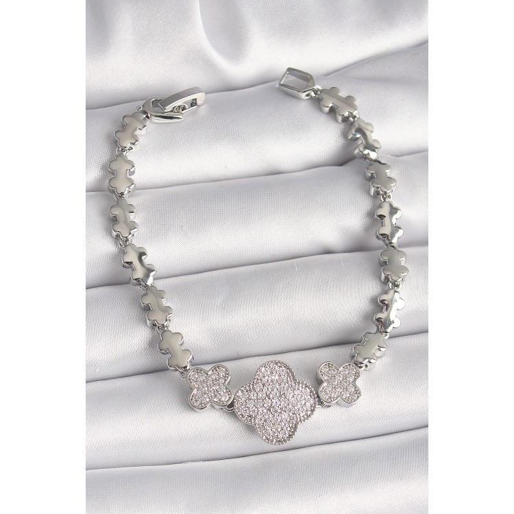 Pirinç Gümüş Renk Zirkon Taşlı Yonca Model Zincir Model Kadın Bileklik - TJ-BB6823