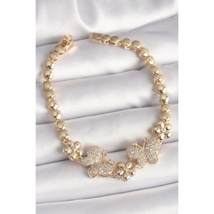 Pirinç Gold Renk Zirkon Taşlı Kelebek Figür Çiçek Zincir Model Kadın Bileklik - TJ-BB6826