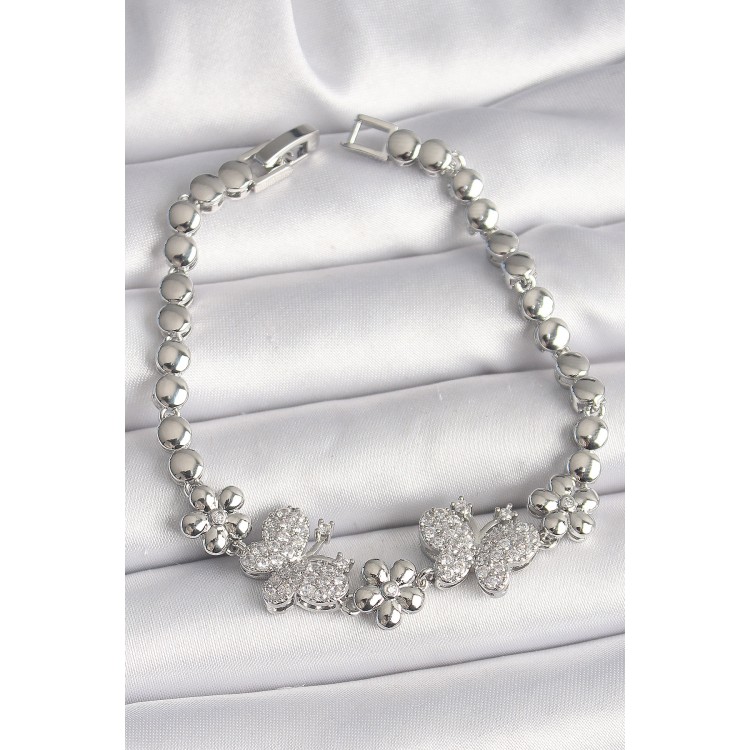 Pirinç Gümüş Renk Zirkon Taşlı Kelebek Figür Çiçek Zincir Model Kadın Bileklik - TJ-BB6827