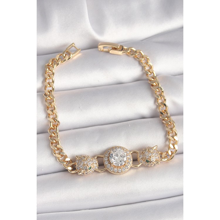 Pirinç Gold Renk Zirkon Taşlı Leopar Figür Zincir Model Kadın Bileklik - TJ-BB6828