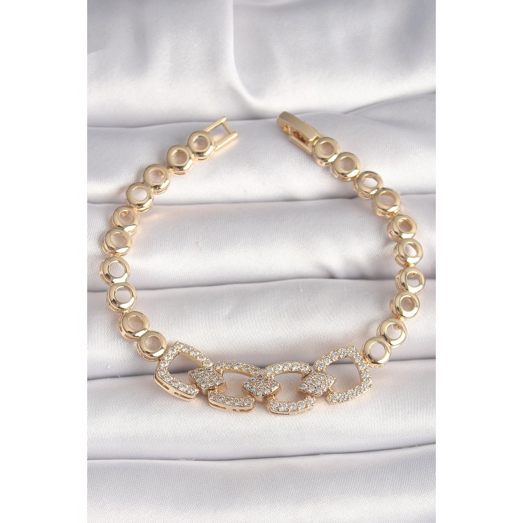 Pirinç Gold Renk Zirkon Taşlı Daire Zincir Model Kadın Bileklik - TJ-BB6842
