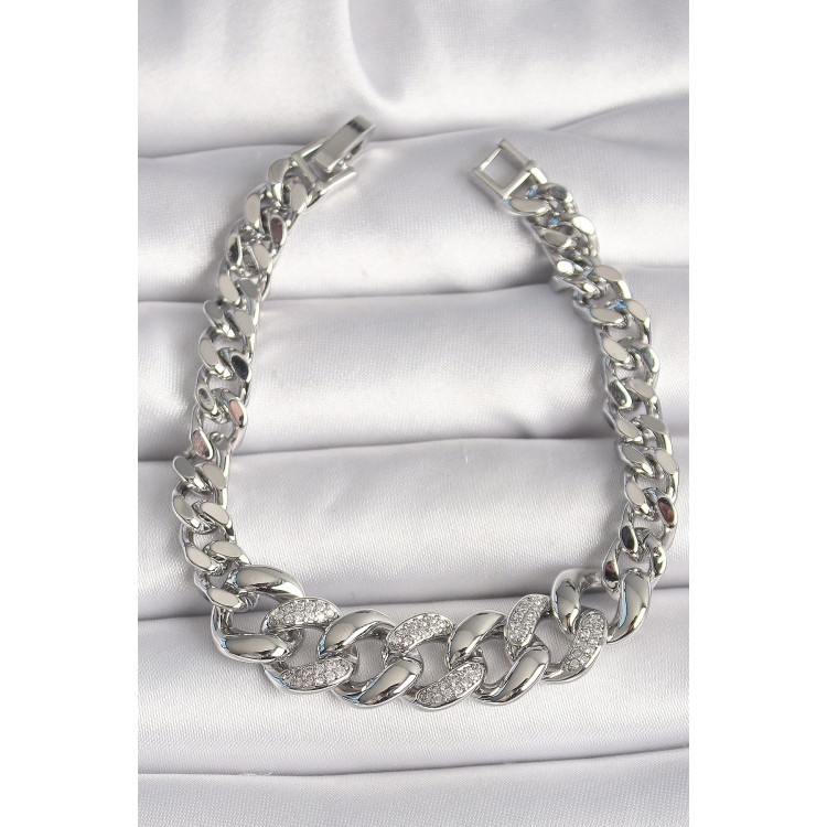 Pirinç Gümüş Renk Zirkon Taşlı Kalın Halka Model Kadın Bileklik - TJ-BB6854