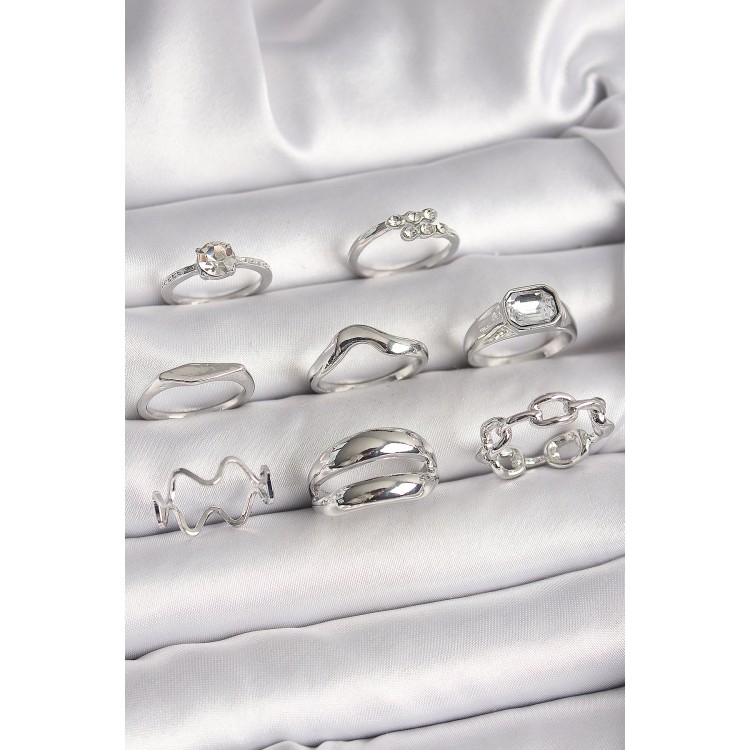 Pirinç Gümüş Renk Zirkon Taşlı Zincir Model Detay Kadın Yüzük Kombini - TJ-BYK3647