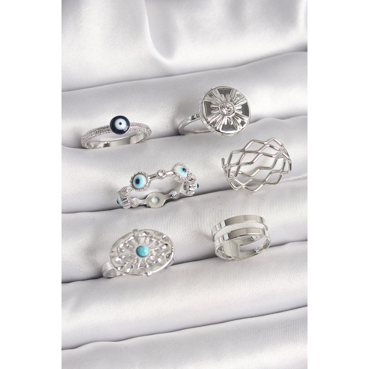 Pirinç Gümüş Renk Nazar Boncuk Zirkon Taş Detaylı Dalga Figür Kadın Yüzük Kombini - TJ-BYK3653