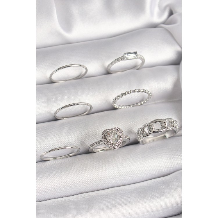 Pirinç Gümüş Renk Zirkon Taşlı Kalp Model Kadın Yüzük Kombini - TJ-BYK3661