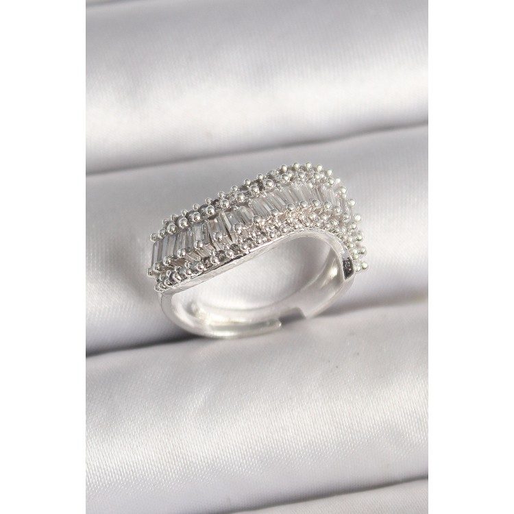 Pirinç Gümüş Renk Su Yolu Zirkon Dalga Model Ayarlanabilir Kadın Yüzük - TJ-BYK3692