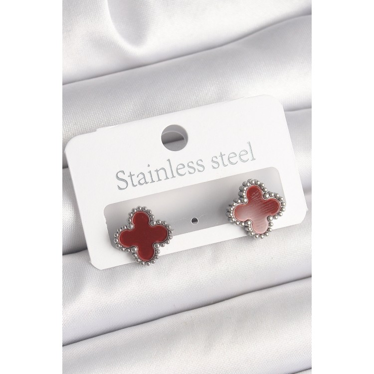 Pirinç Gümüş Renk Bordo Yonca Model Kadın Küpe - TJ-BKP10359