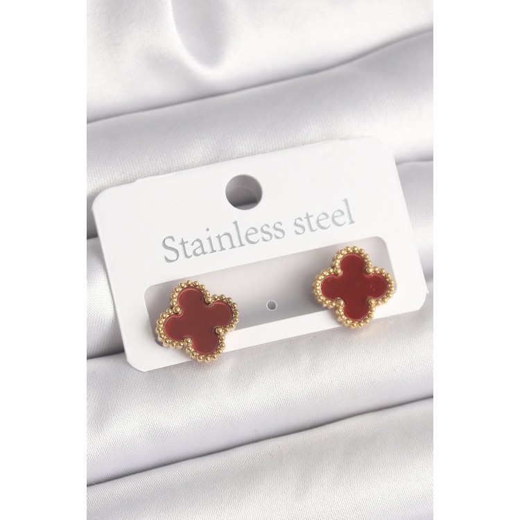 Pirinç Gold Renk Bordo Yonca Model Kadın Küpe - TJ-BKP10360