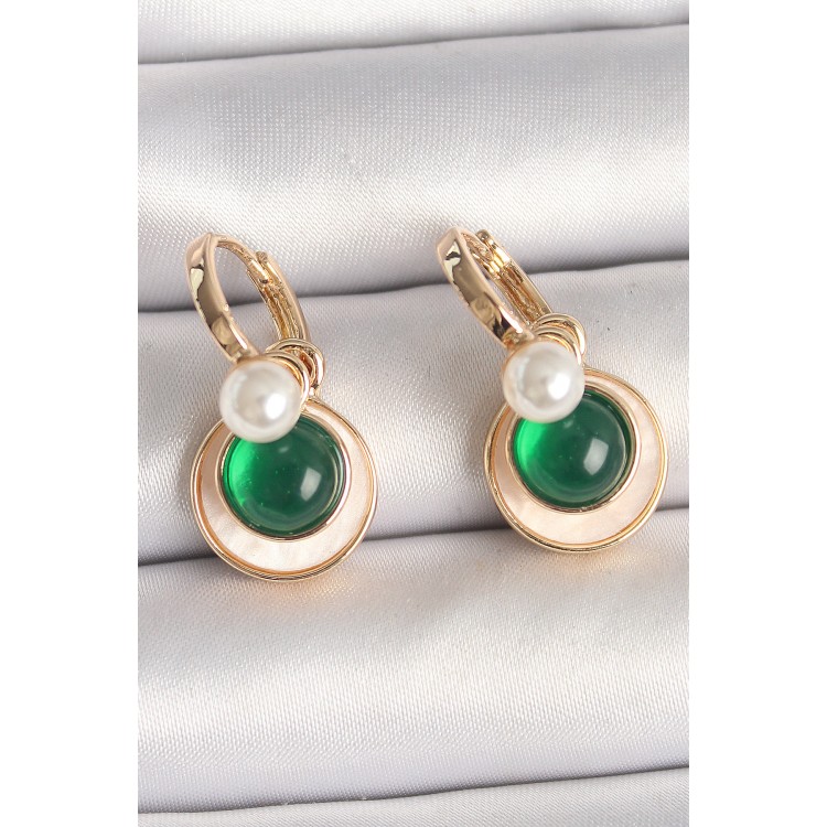 Pirinç Gold Renk Beyaz Yeşil Sallantı Mineli Kadın Küpe - TJ-BKP10363