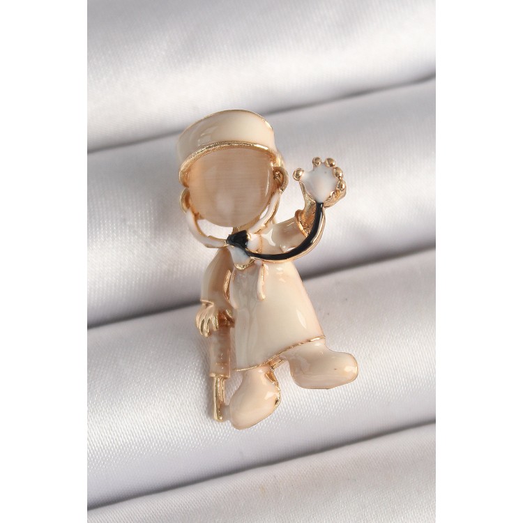 Pirinç Gold Renk Beyaz Mineli Doktor Model Kadın Broş - TJ-BR428