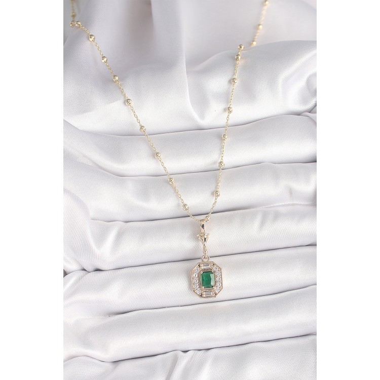 Pirinç Gold Renk Zirkon Taşlı Topçuk Zincir Serenay Model Kadın Kolye - TJ-BKO9902