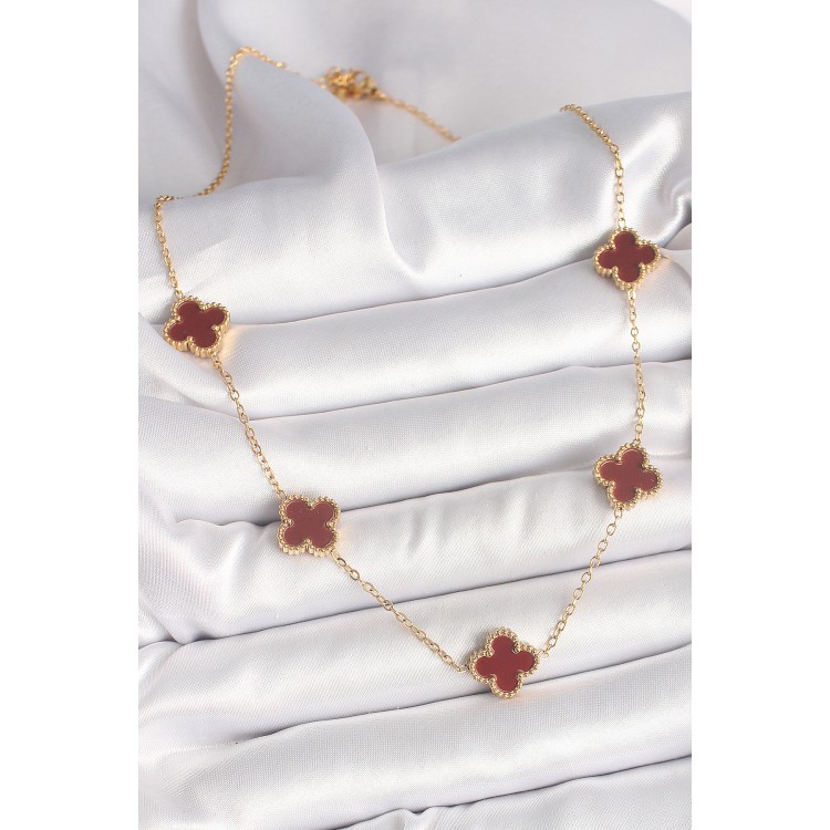 316L Çelik Gold Renk Zincir Bordo Yonca Model Kadın Kolye - TJ-BKO9926