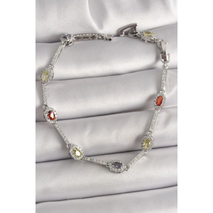 Pirinç Gümüş Renk Renkli Zirkon Taşlı Damla Taş Model Kadın Bileklik - TJ-BB6873