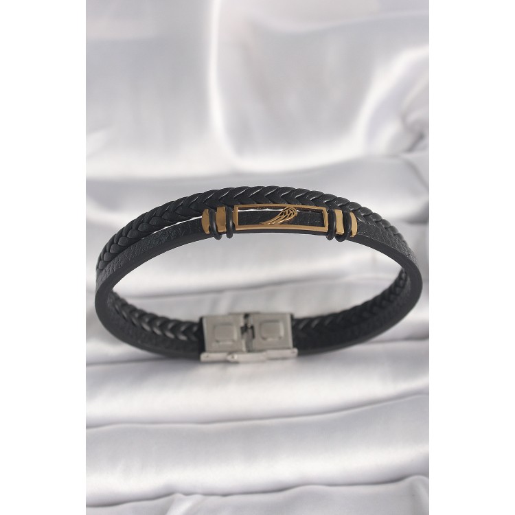 316L Çelik Gold Renk Kanat Aksesuarlı Siyah Burgu Model Deri Kordon Erkek Bileklik - TJ-EB3703