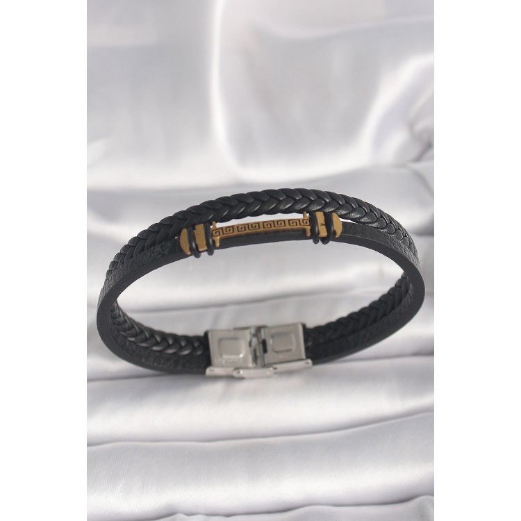 316L Çelik Gold Renk ZikZak İşlemeli Aksesuarlı Çift Sıra Burgu Desenli Deri Kordon Erkek Bileklik - TJ-EB3705