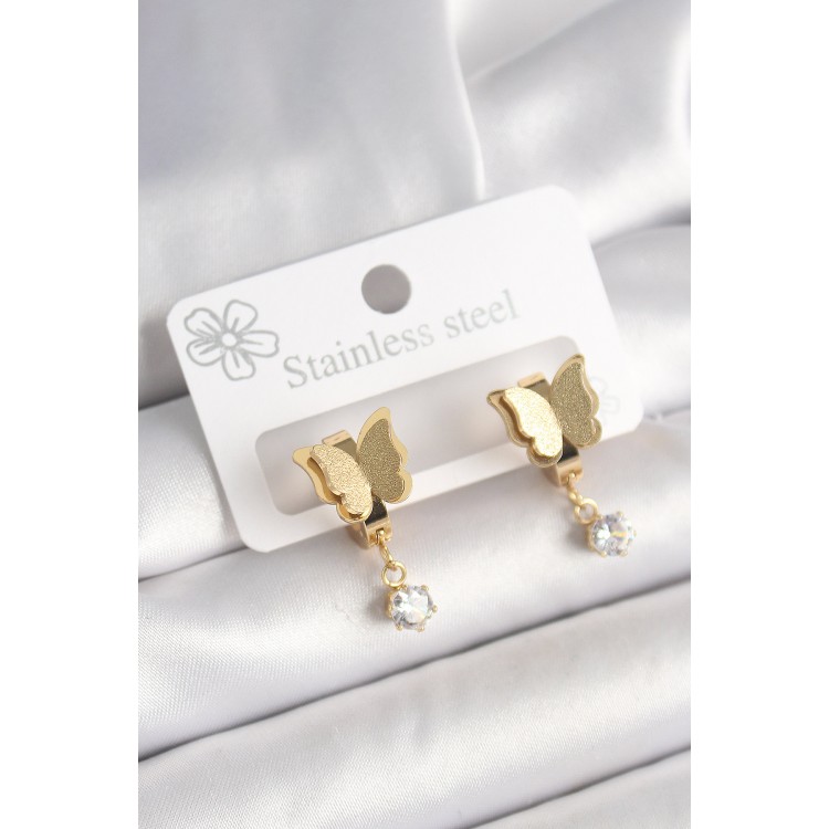 316L Çelik Gold Renk Sallantı Zirkon Taş Detaylı Simli Kelebek Model Kadın Küpe - TJ-BKP10420