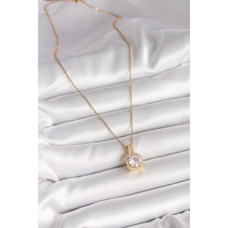 316L Çelik Gold Renk Zincir Zirkon Taşlı Kare Model Kadın Kolye - TJ-BKO9956