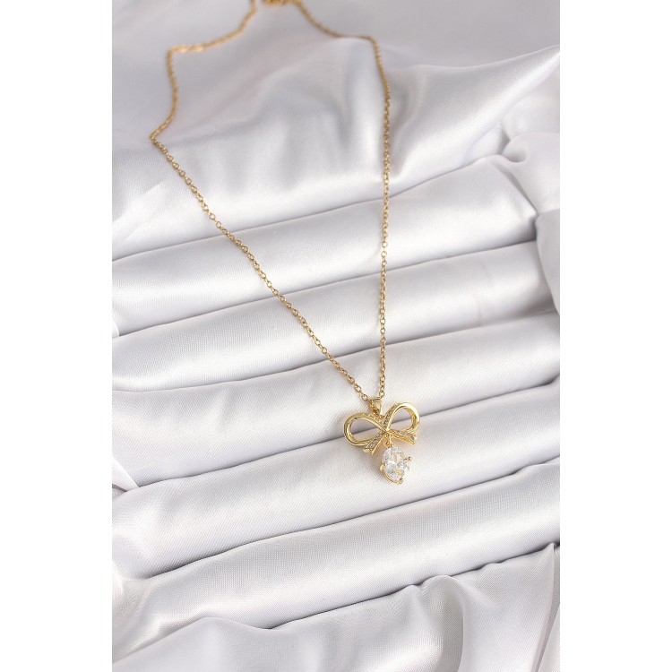 316L Çelik Gold Renk Zincir Zirkon Taşlı Kurdele Model Kadın Kolye - TJ-BKO9960