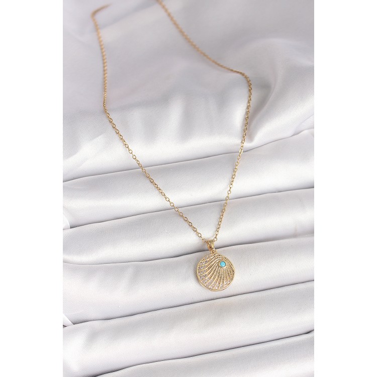 316L Çelik Gold Renk Zincir Zirkon Taş İşlemeli Mavi Taş Detaylı Madalyon Model Kadın Kolye - TJ-BKO9964