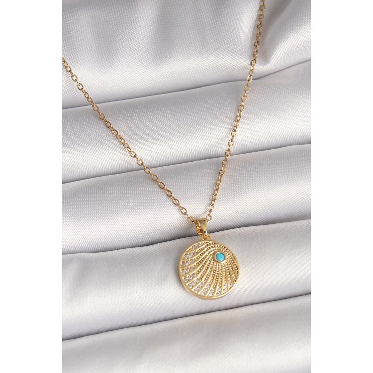 316L Çelik Gold Renk Zincir Zirkon Taş İşlemeli Mavi Taş Detaylı Madalyon Model Kadın Kolye - TJ-BKO9964