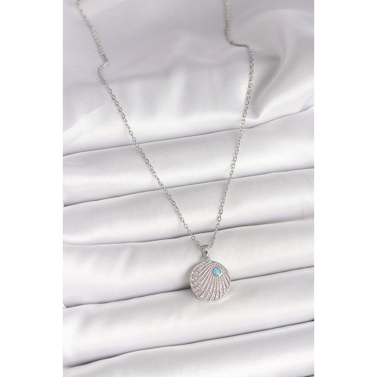 316L Çelik Gümüş Renk Zincir Zirkon Taşlı Mavi Taş Detaylı Madalyon Model Kadın Kolye - TJ-BKO9965