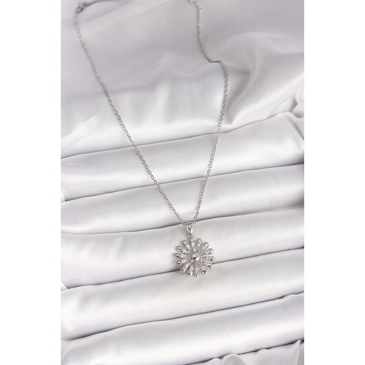 316L Çelik Gümüş Renk Zincir Zirkon Taşlı Güneş Model Kadın Kolye - TJ-BKO9967