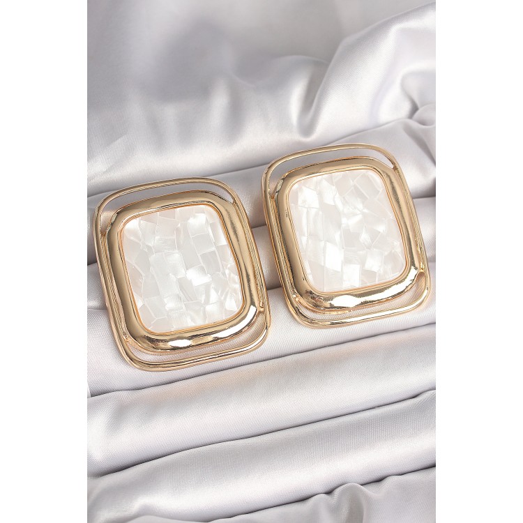 Pirinç Gold Renk Beyaz Mineli Kare Model Kadın Küpe - TJ-BKP10428