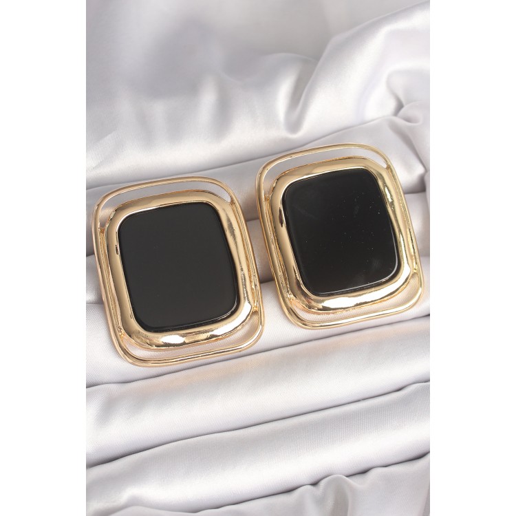 Pirinç Gold Renk Siyah Mineli Kare Model Kadın Küpe - TJ-BKP10429