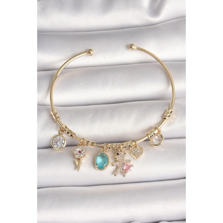Pirinç Gold Renk Sallantı Zirkon Taşlı AYıcık Figür Kalp Detay Charm Kadın Bileklik - TJ-BB6894