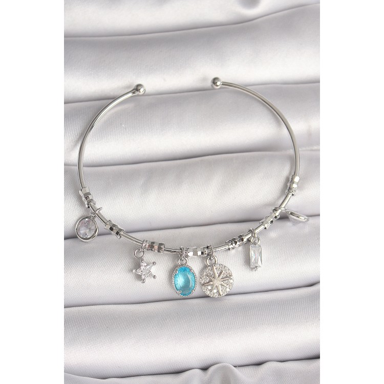 Pirinç Gümüş Renk Sallantı Pusula Figür Kalp Detay Charm Kadın Bileklik - TJ-BB6902