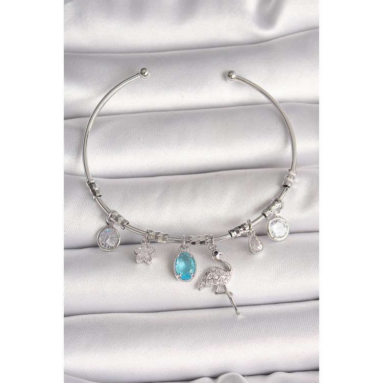 Pirinç Gümüş Renk Sallantı Zirkon Taşlı Filaminga Figür Charm Kadın Bileklik - TJ-BB6903