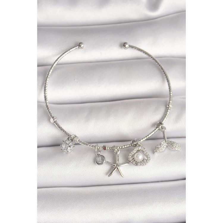 Pirinç Gümüş Renk Sallantı Zirkon Taşlı Deniz Yıldız Figür Balık Kuyruğu Detay Charm Kadın Bileklik - TJ-BB6909