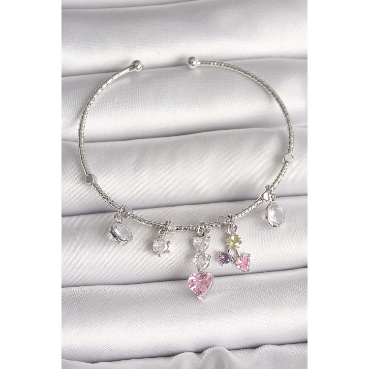 Pirinç Gümüş Renk Sallantı Zirkon Taşlı Kalp Figür Charm Kadın Bileklik - TJ-BB6910