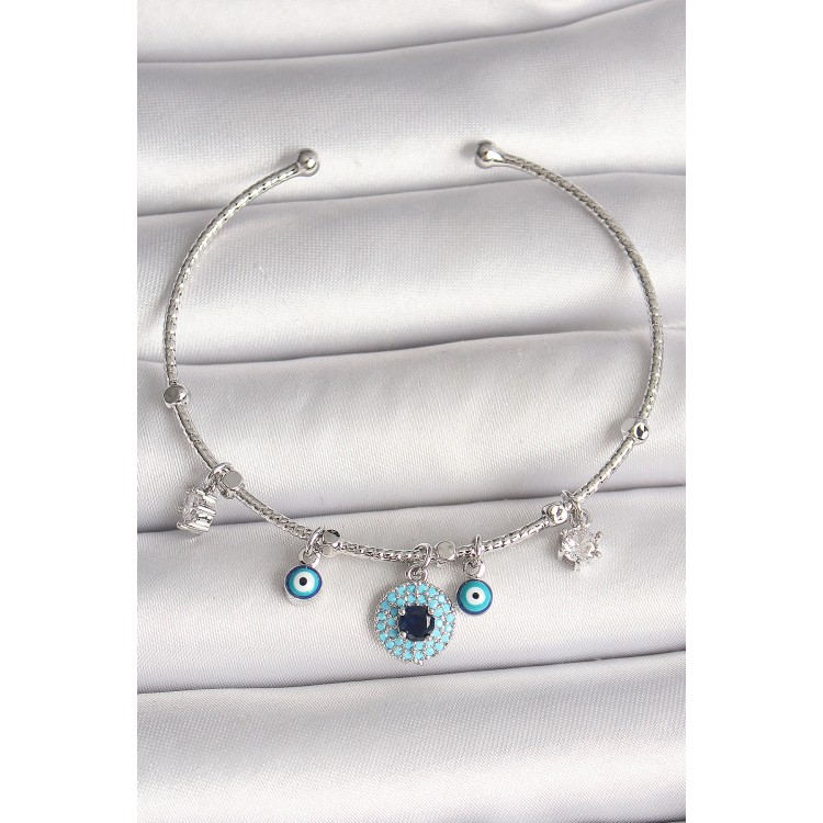 Pirinç Gümüş Renk Sallantı Zirkon Taşlı Nazar Boncuk Figür Charm Kadın Bileklik - TJ-BB6911