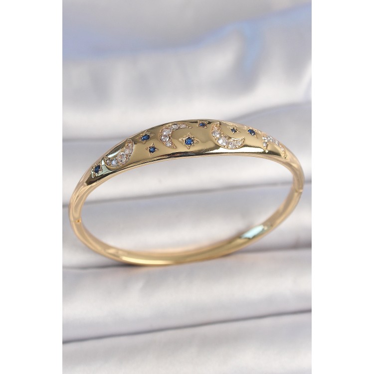 Pirinç Gold Renk Zirkon Taşlı Hilal İşleme Mavi Taşlı Yıldız Detay Kadın Kelepçe - TJ-BB6920
