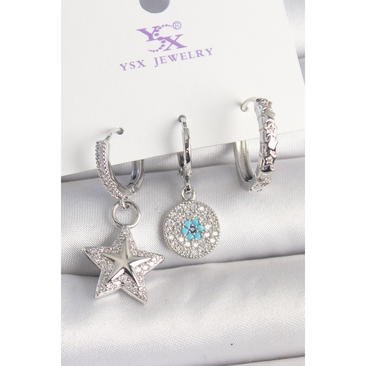 Pirinç Gold Renk Zirkon Taşlı Yıldız Model Nazar Boncuk Detay 3'Lü Kadın Kombin Küpe - TJ-BKP10446