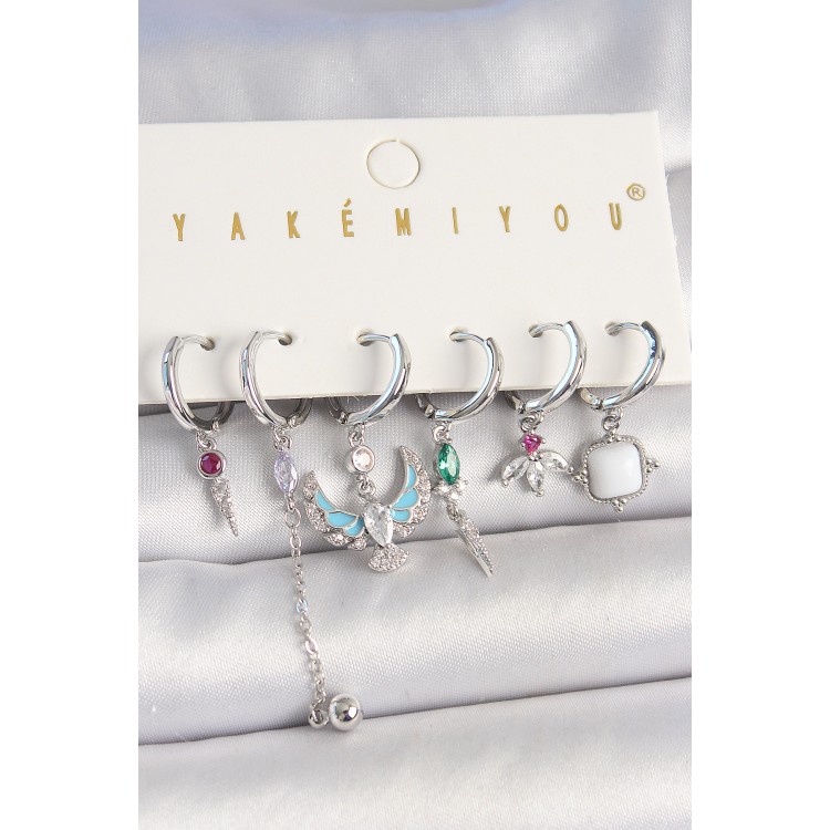 Pirinç Gümüş Renk Zirkon Taşlı Kuş Figür Çiçek Detay 6'Lı Kadın Kombin Küpe - TJ-BKP10454