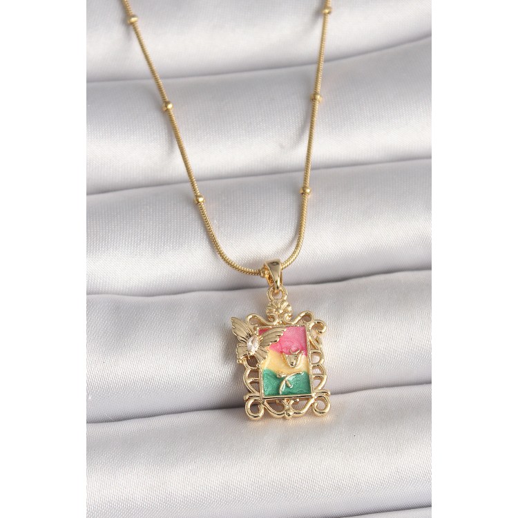 316L Çelik Gold Renk Renkli Zirkon Taşlı Kelebek İşlemeli Portre Model Kadın Kolye - TJ-BKO10024